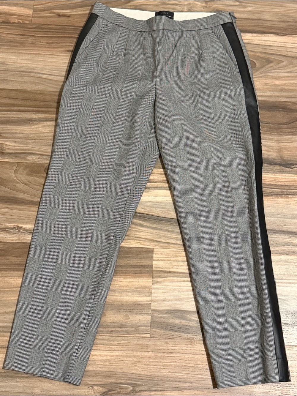 J Crew Women’s Sz.4 Martie Pants Faux Leather Black Stripe Glen Plaid Wool Blend
